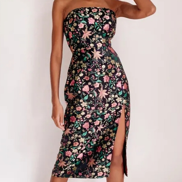 Lulus Make a Move Black Satin Floral Jacquard Strapless Midi Dress NWT Medium - Picture 6 of 8